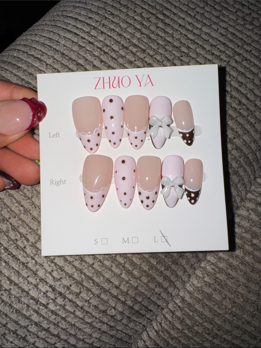 Pink & Nude Polka Dot Press-On Nails with Bow Accent